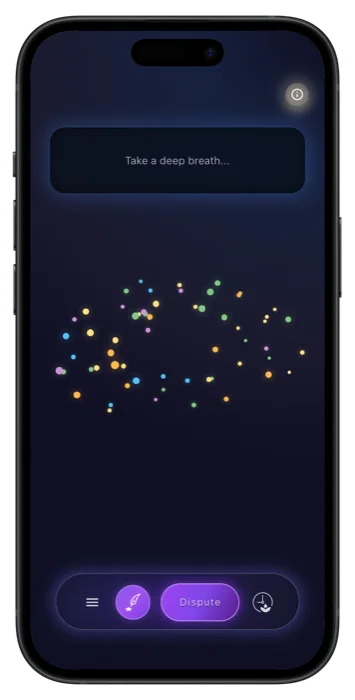 The Seryno home screen at night: a scatter of coloured dots on a dark sky, one for each thought worked through, with “Take a deep breath…” above them and a Dispute button below.