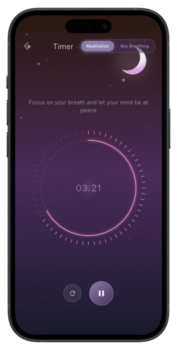 The meditation timer counting down from 03:21 inside a glowing ring, under a crescent moon, with pause and reset buttons.