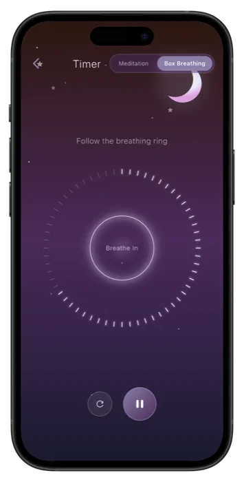 The box breathing screen: a ring of ticks around the words “Breathe in”, with the instruction to follow the breathing ring.