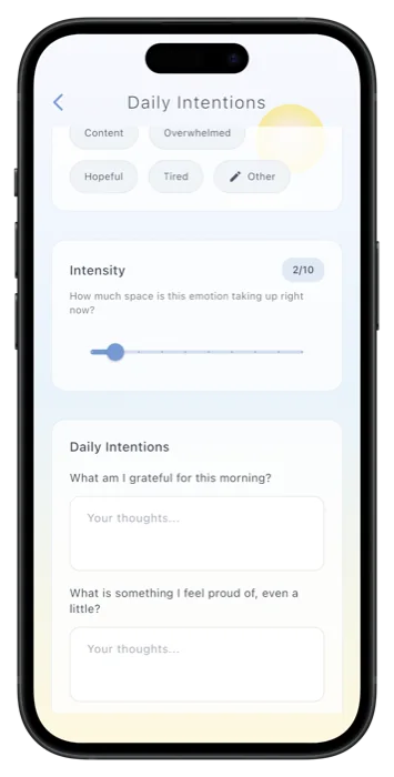 The morning Daily Intentions check-in on a pale sunrise background: mood chips, an intensity slider, and two written prompts about gratitude and pride.