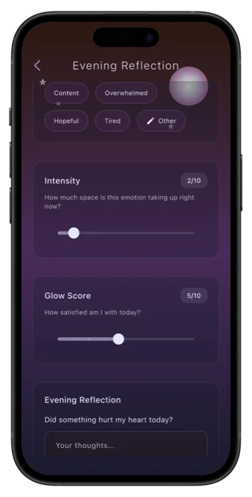 The Evening Reflection screen: mood chips, an intensity slider, a glow score for the day, and a prompt asking whether something hurt today.