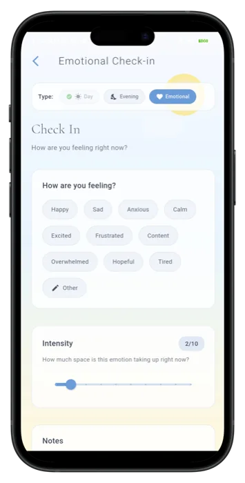 The Emotional Check-in screen asking how you are feeling right now, with a grid of feelings to pick from, an intensity slider and a notes field.