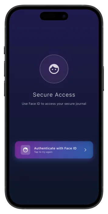 The Secure Access screen: a face icon above “Use Face ID to access your secure journal” and a button to authenticate.