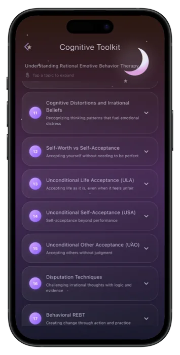 The Cognitive Toolkit: a searchable list of topics such as cognitive distortions, self-worth versus self-acceptance, and disputation techniques, each one expandable.