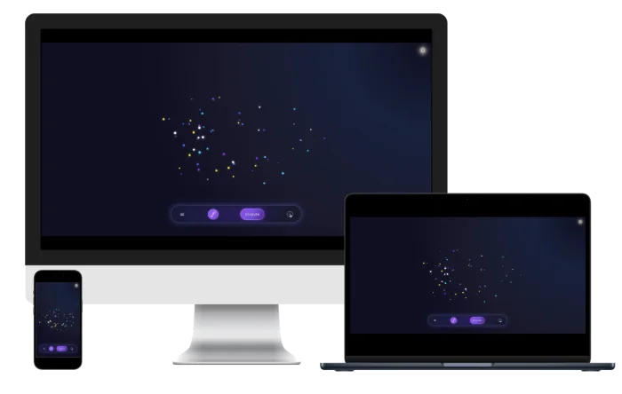 The same Seryno home screen open at once on a desktop monitor, a laptop and a phone — the night sky of dots and the Dispute button on all three.