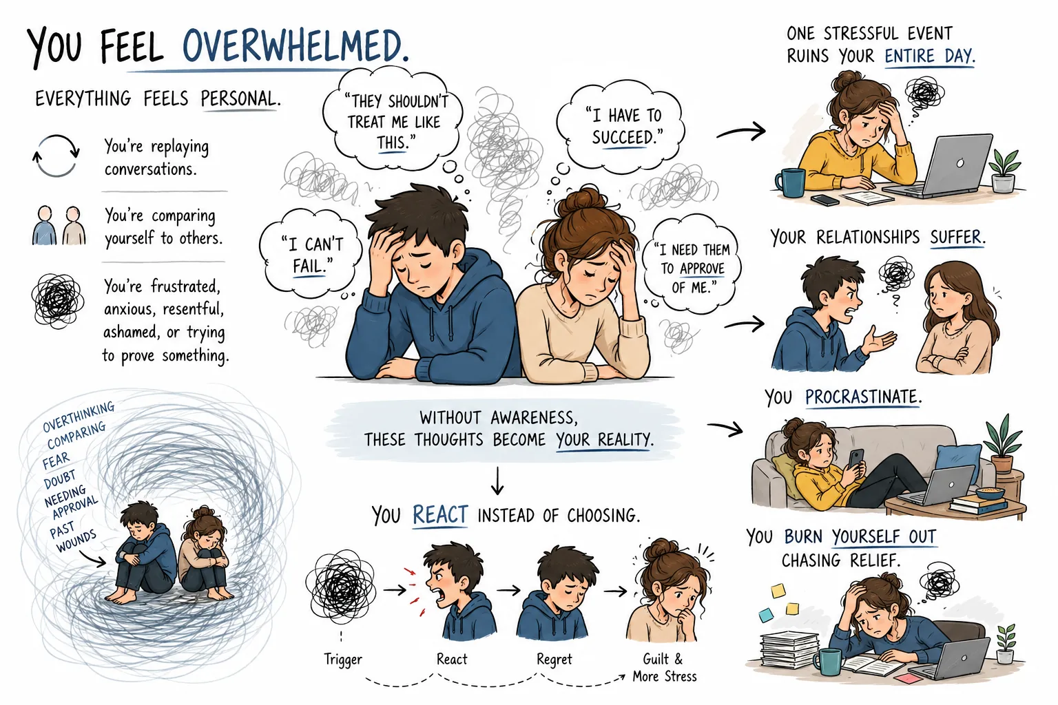 One stressful event turns into a whole day: two people replaying conversations, thoughts like “I can’t fail” and “I have to succeed” looping into trigger, reaction, regret and more stress.