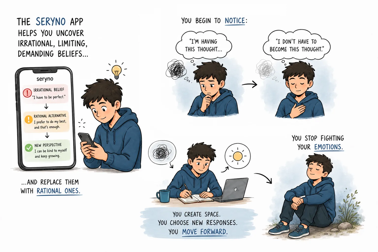 The app turns “I have to be perfect” into “I prefer to do my best, and that’s enough” — a man notices the thought instead of becoming it, and stops fighting the feeling.