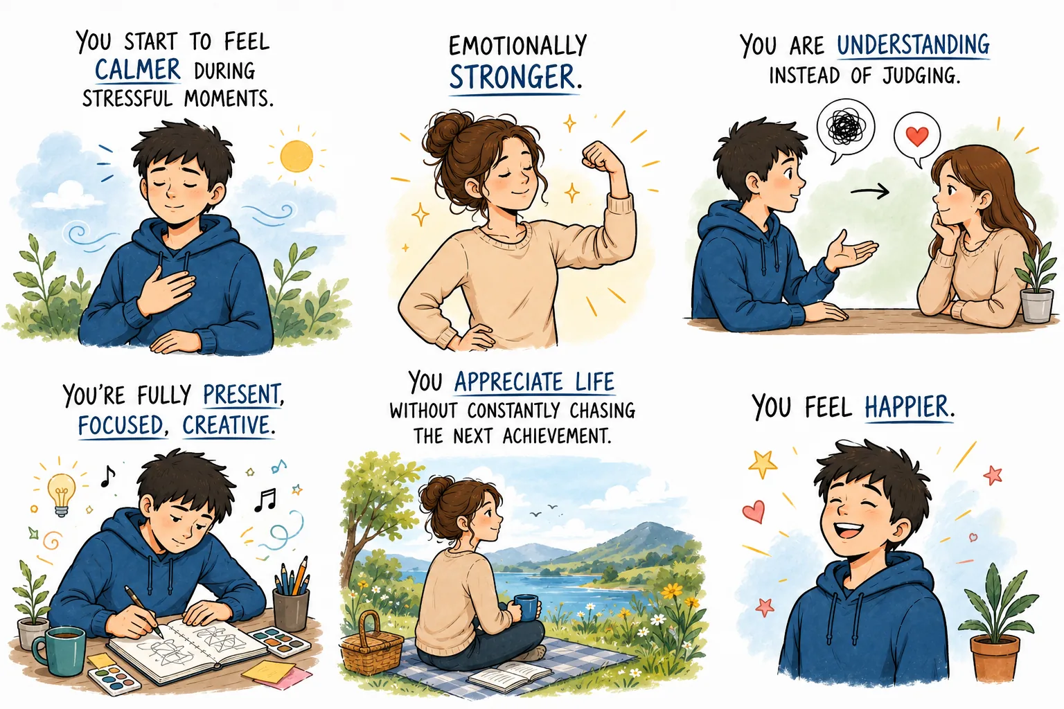 What it adds up to: calmer in stressful moments, steadier with people, present and creative, able to enjoy the day without chasing the next achievement.